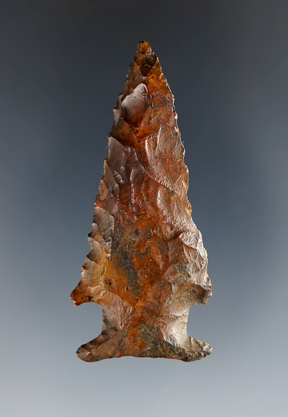 2 7/16" heavily patinated Bolen Bevel - Suwannee River in Florida. Heavy basal grinding.