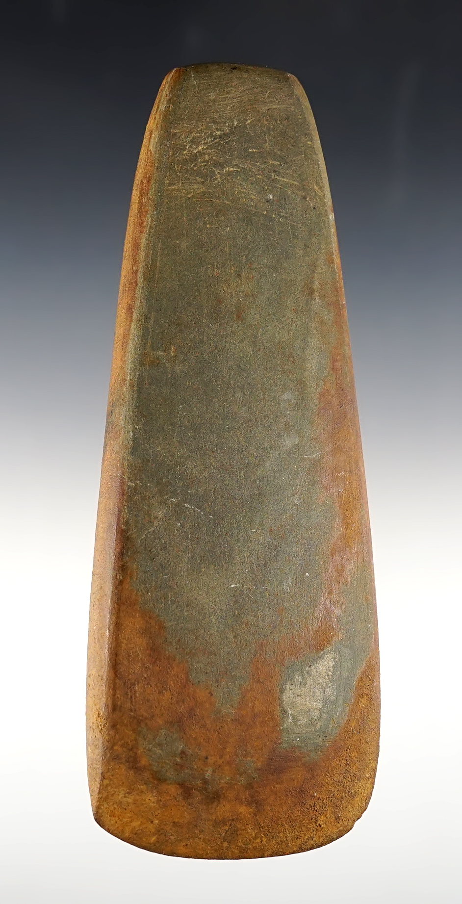 Excellent style 6 1/16" Slate Flat Celt - heavy iron staining. Fentress Co., Tennessee. 