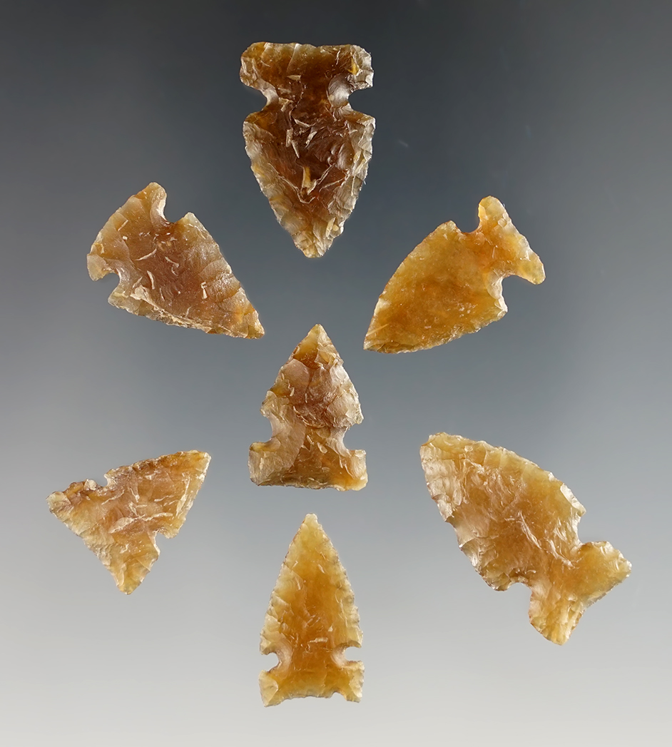 Set of 7 Plains Side-Notched Points that are well made from Knife River Flint. Dakotas. 