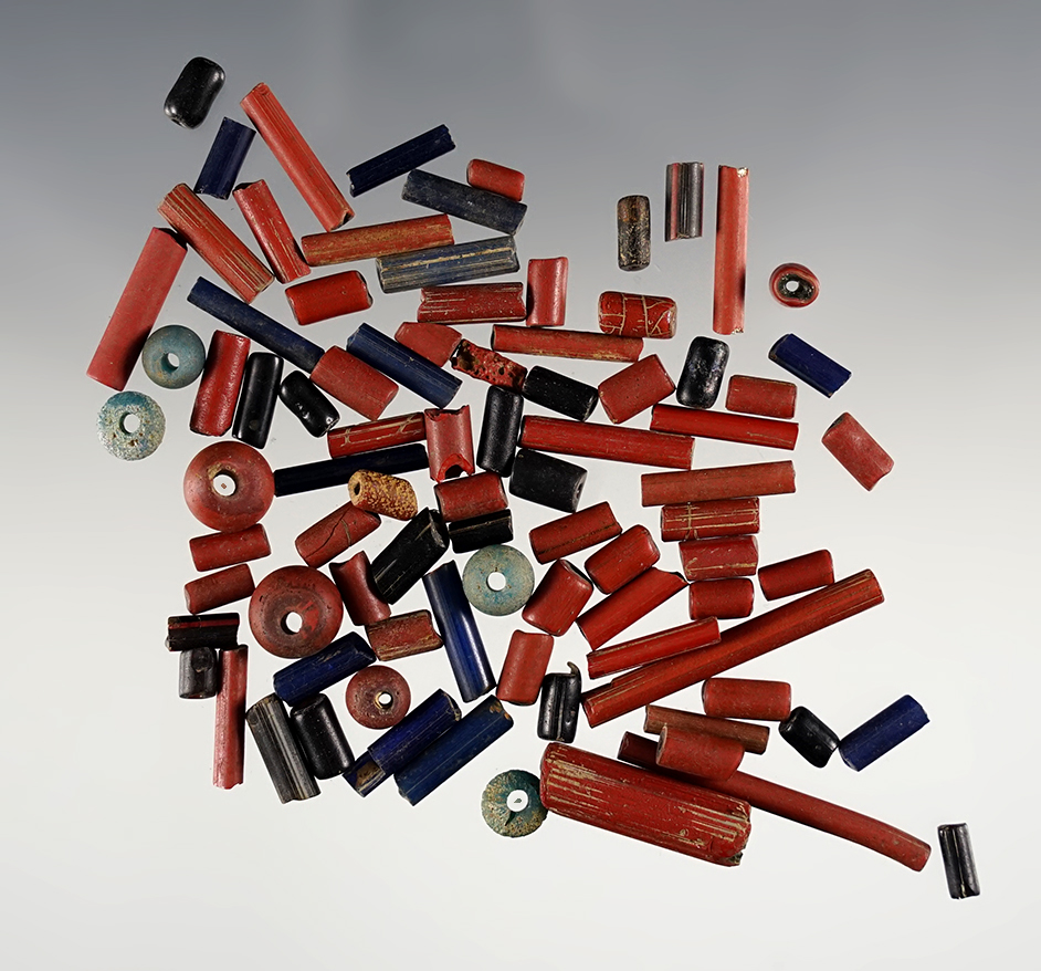 Set of 90+ blue, red & black assorted Trade Beads recovered at the Dann Site in New York. 