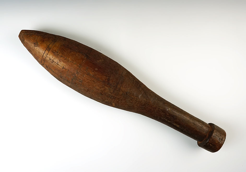 19 1/4" long x 4" wide well decorated wood scepter. Most likely Islands culture. 