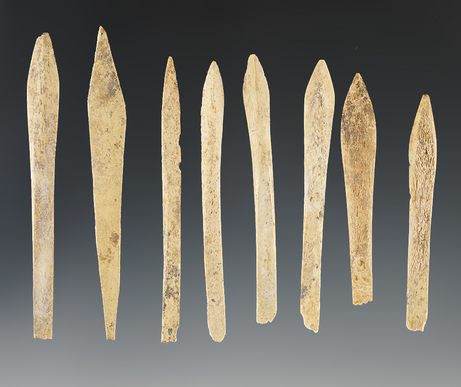 Set of 8 Chinese Arrow Points made from well patinated bone. Largest is 3 7/16".