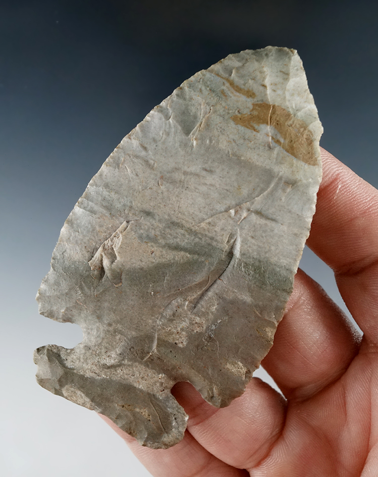 3 3/16" Thebes found in Southern Michigan, made from attractive "Indiana Green" Attica Chert.