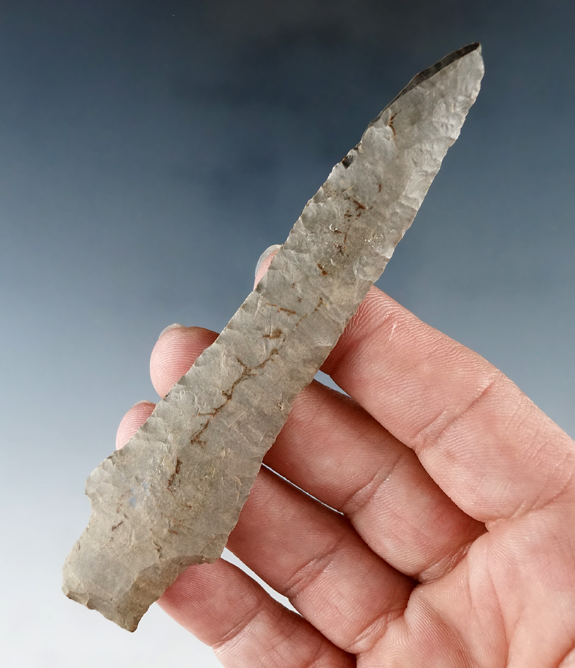 4 1/4" Stemmed Drill made of Dover Flint, found in Tennessee.