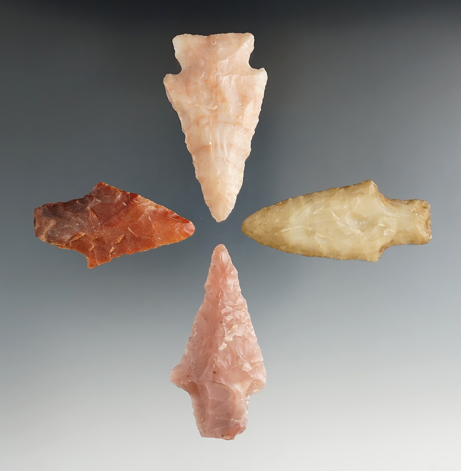 Set of four nice novaculite points found in Arkansas, largest is 2 1/2".