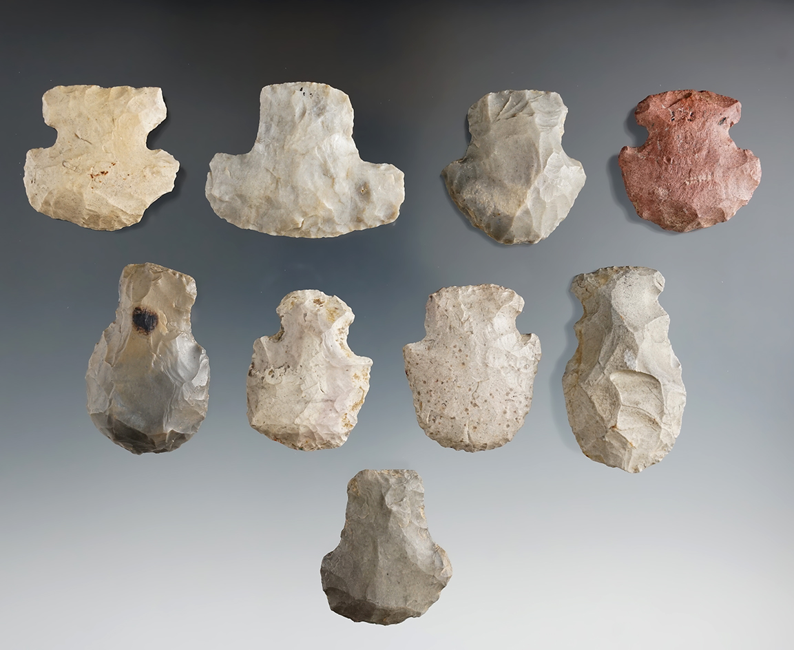 Set of 9 Late Archaic to Early Woodland Hafted Scrapers found in Indiana.  Bennett COA.