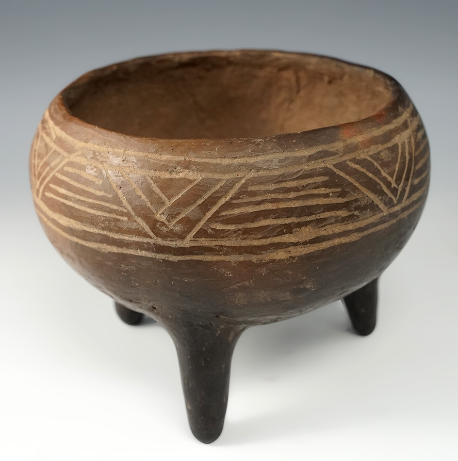 5 3/8" wide pre-Columbian nicely decorated tri-leg pottery vessel found in Mexico.