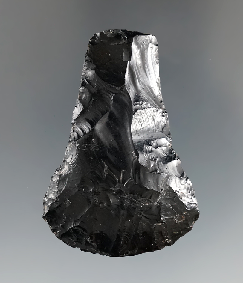 2 1/16" Obsidian Hafted Scraper found in Oregon. Deaccessioned by  Museum. Bennett COA.