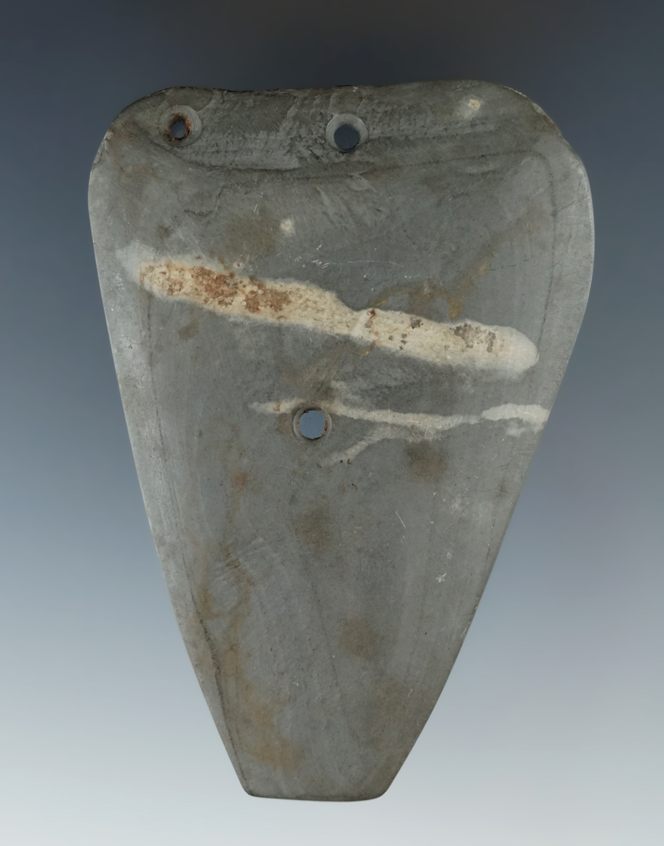 Unique ancient salvage on this 3 9/16" Slate Gorget found on the Seebury farm in Allegheny Co., NY