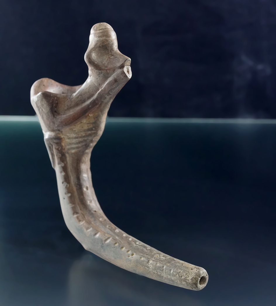 8 1/4" Tall by 4" wide Iroquois Pinched Face Clay Pipe - New York - very ornate well-designed!