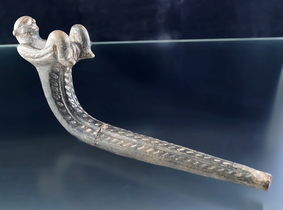 8 3/4" by 3 9/16" Reclining Female Effigy Iroquois Clay Pipe- East Bloomfield, Ontario County NY.