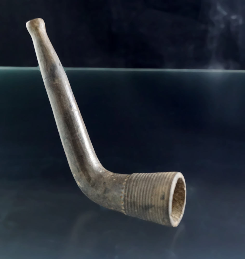 4 7/8" Tall Iroquois Clay Ring Bowl Pipe with a stem that has been broken and restored. New York.