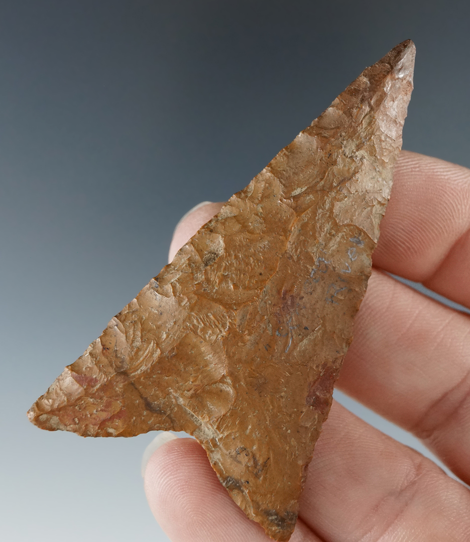 2 11/16" Jasper Triangular Point with a restored tip found in Seneca County New York.