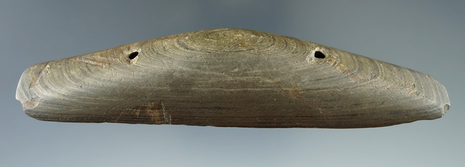 Pictured! 4 7/8" Nicely patinated Banded Slate drilled Boatstone found in Seneca County New York.