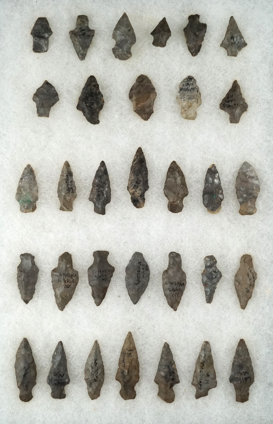 Group of 32 Lamoka Points found near Lamoka Lake, Steuben County New York. Largest is 1 3/4".