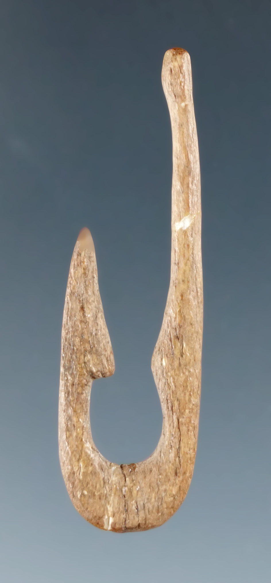 Excellent style on this 1 11/16" Bone Fishhook found in New York that is broken and glued tight.