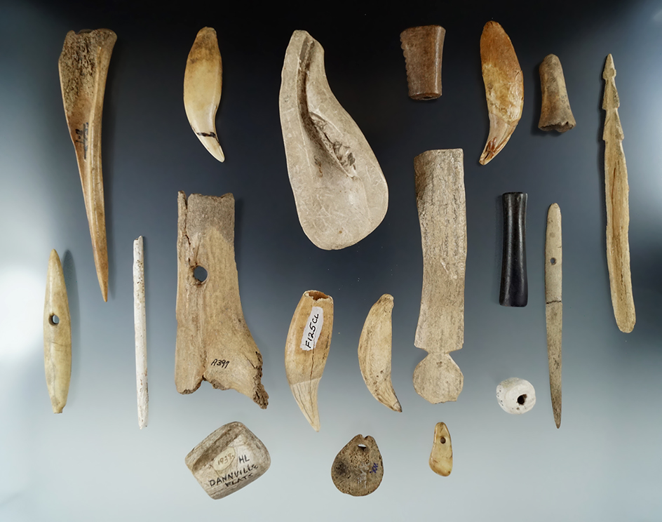 Set of 20 assorted Bone and Shell artifacts found in New York assembled by Howdy long.