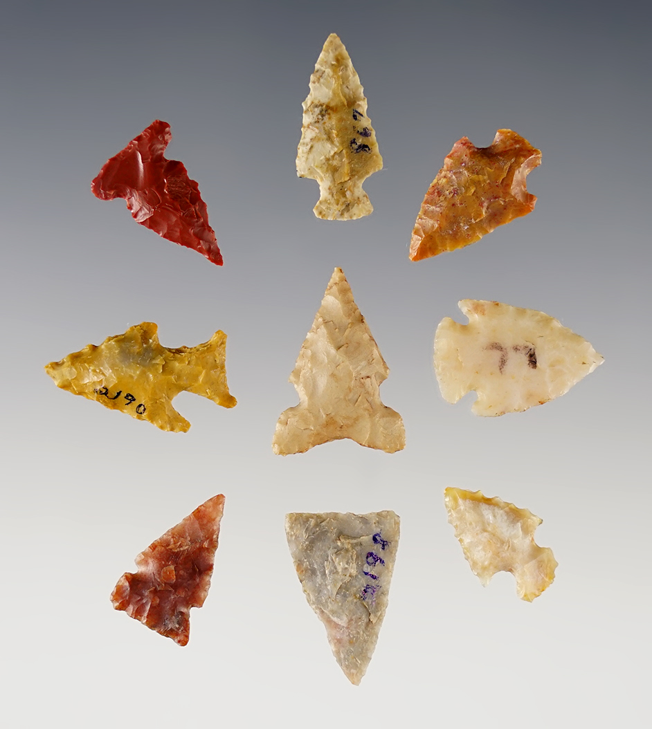 Set of 9 nicely made points found by Al Cornwell in Major Co., Oklahoma between 1970-1971.