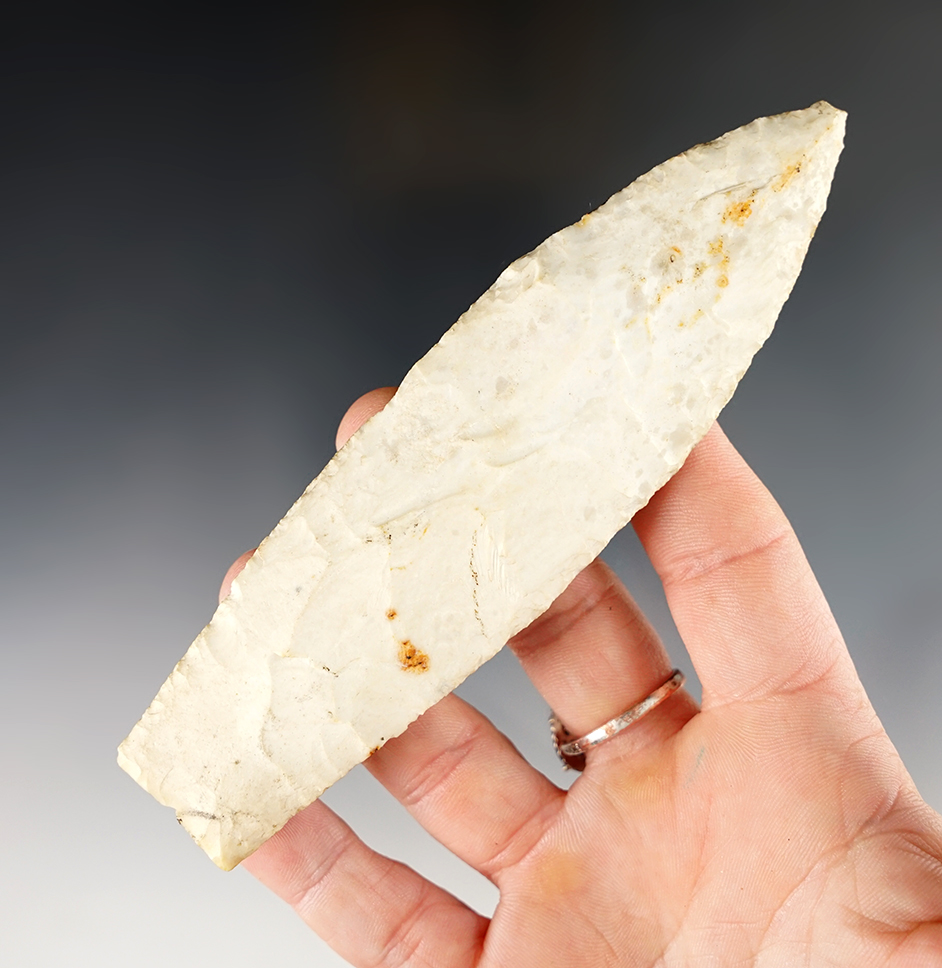 Large and well made 5 1/4" Burlington Chert Lanceolate - St. Clair Co., Illinois. Nicely patinated.