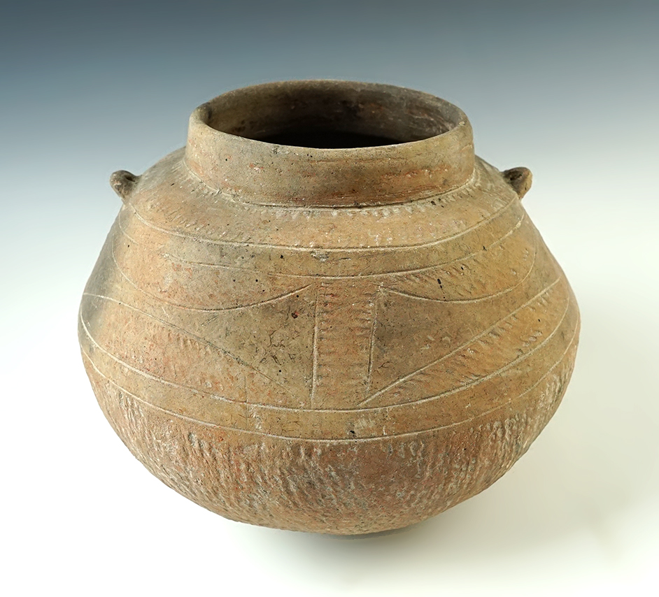 6 3/4" wide x 5 1/4" tall nicely decorated and engraved Ancient Ban Chiang Pottery Vessel, Thailand. 