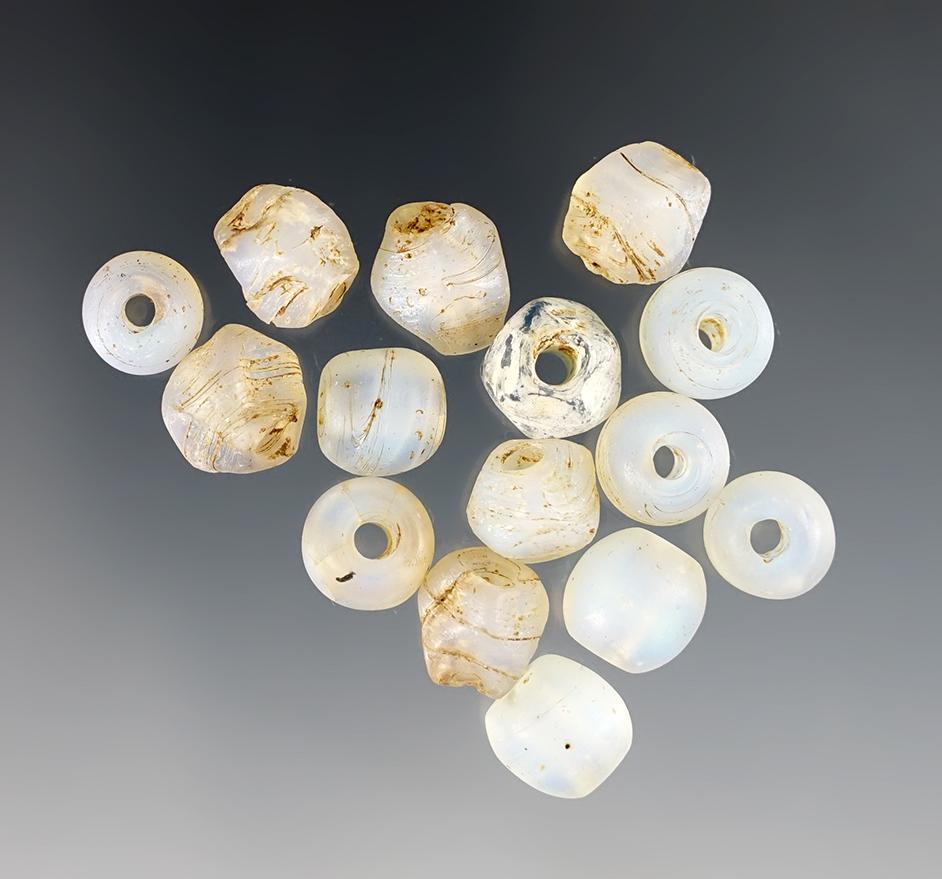 Set of 15 Beads recovered at the White Springs Site, Geneva, New York. The largest is 1/2".