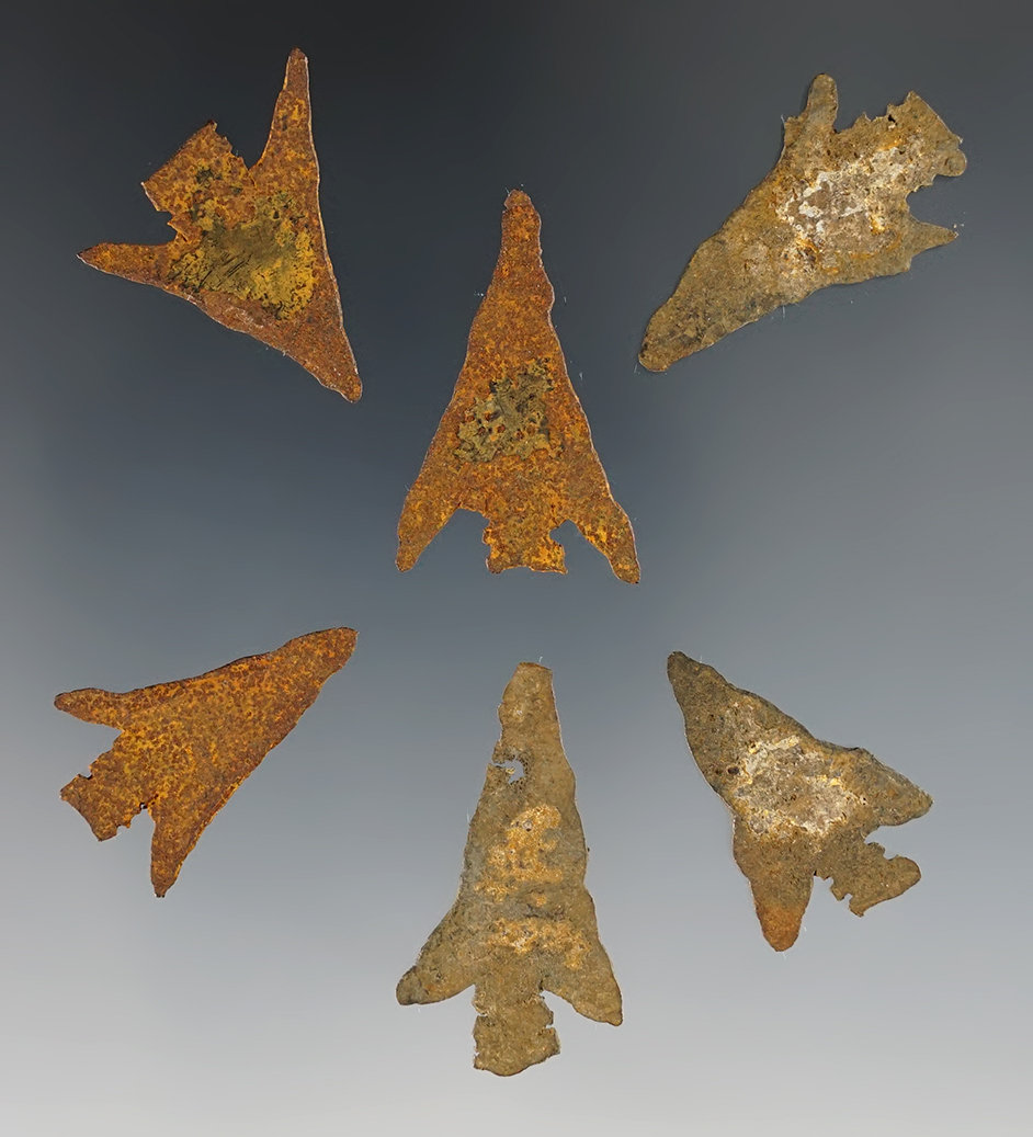 Set of 6 Steel Arrowheads made between 1790-1820 from rum and water barrel bands. 