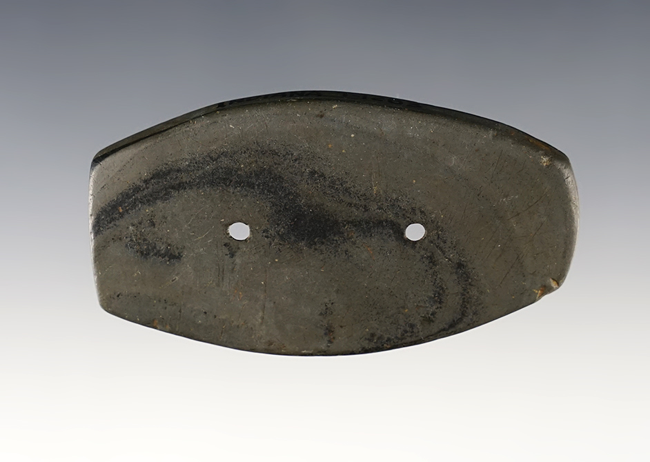 2 7/8" finely made Banded Slate Gorget - Indiana. Slight groove that runs between the holes.