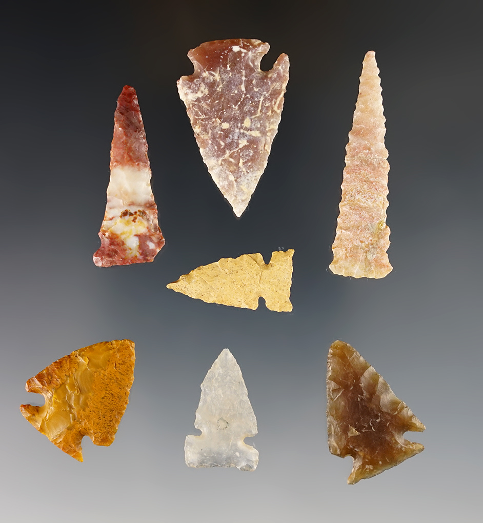 Set of 7 assorted and well made points found in Colorado. The largest is 1 15/16".