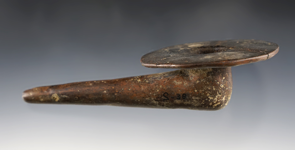 6 1/16" x 3" Shell-tempered Clay Disc Pipe, with excellent age on surface. 