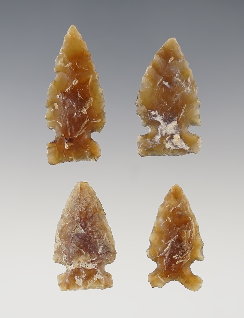 Set of 4 Knife River Flint Points found by Larry Street at Ft. Sully, Sully Co., South Dakota. 