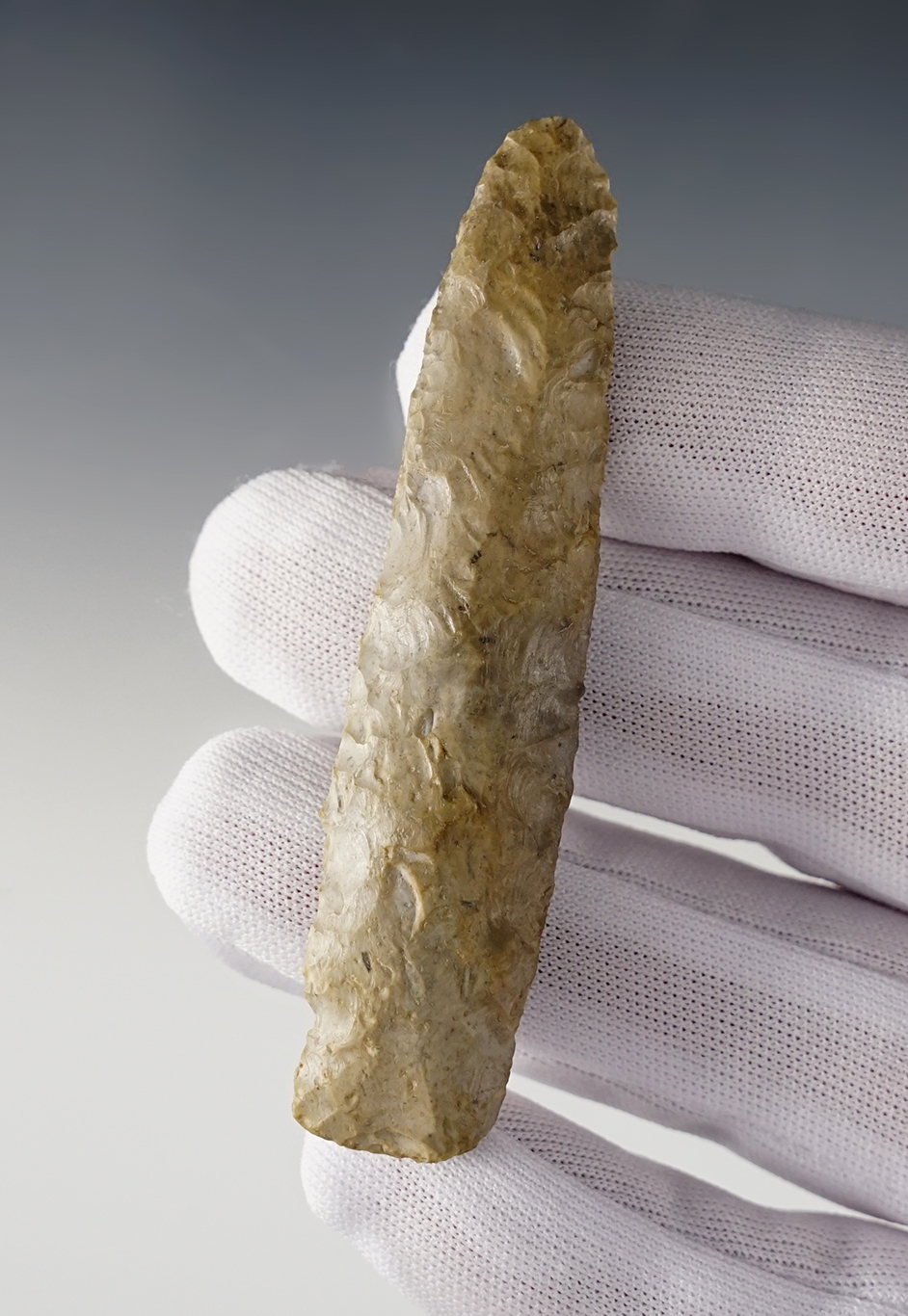 3 3/16" Eden made from patinated and glossy gray Chert. Nebraska. Ex. Tom Davis.2 COA's.