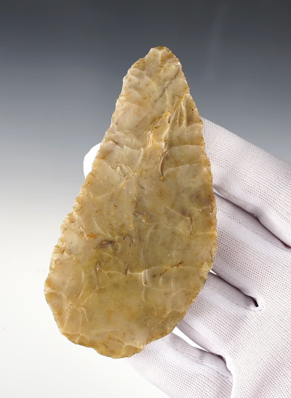 4 1/4" Ohio Knife made from patinated Flint Ridge Flint.