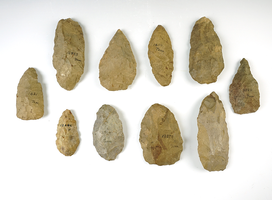 Set of 10 Tennessee Flint Blades from an old pre-1930's collection. The largest is 5".