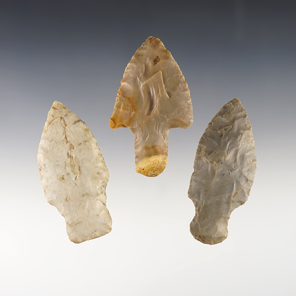 Set of 3 Kentucky Adena points. 1 is made from Carter Cave Flint. The largest is 2 5/8".