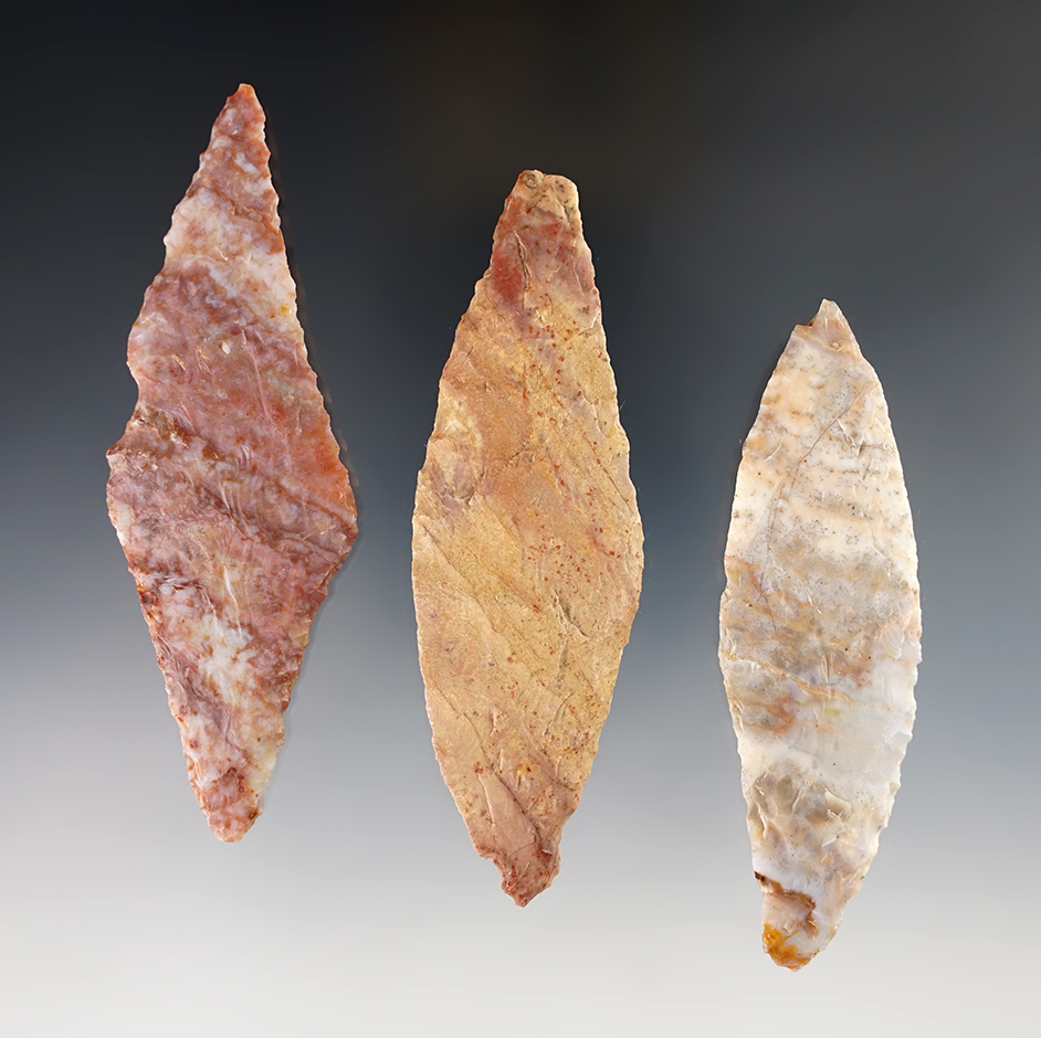 Set of 3 highly colorful Harahey Knives in good condition. Found in Kansas. The largest is 4 3/16".