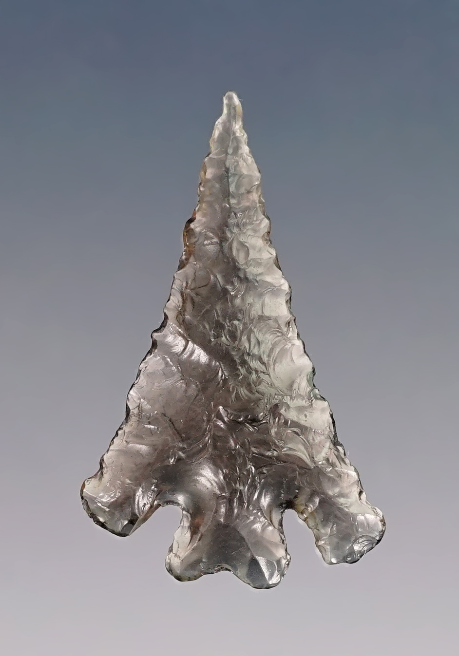 1 1/8" well flaked Eastgate Split Stem made from Obsidian. Found near the Columbia River in Oregon.