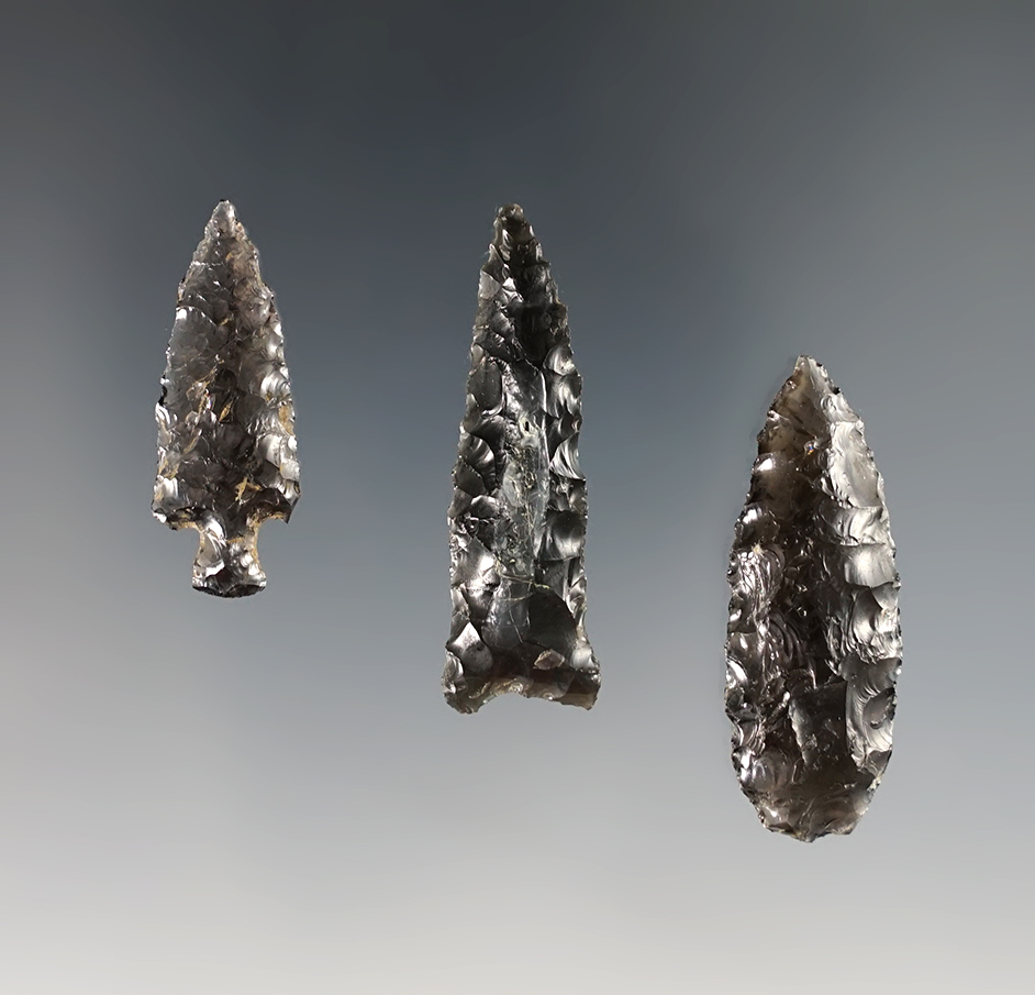 Set of 3 Obsidian points - Oregon and California. The largest is 1 1/2". All come with COA's.