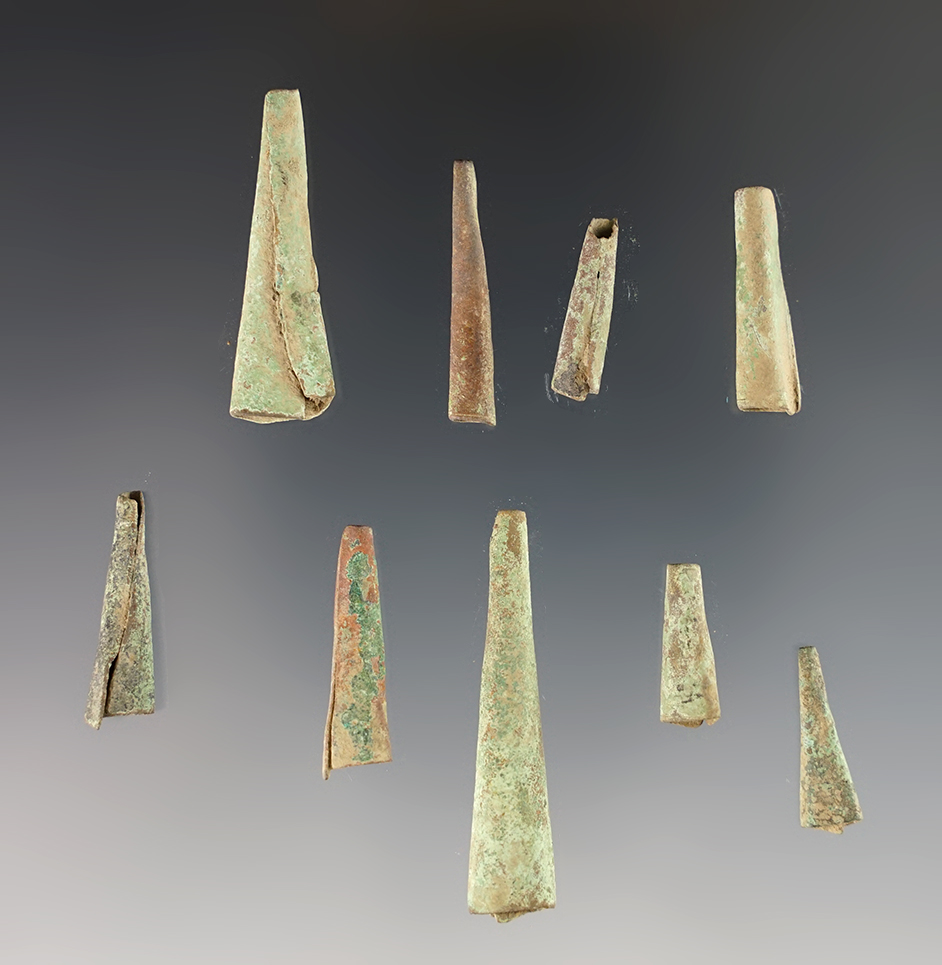 Set of 9 Brass Tinkling Cones recovered at the Dann Site, Lima, Monroe Co., New York. Circa 1655-75. 