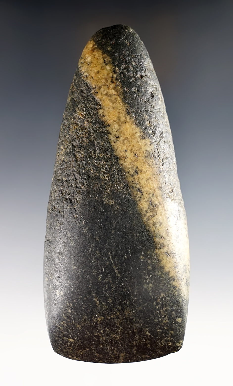 Beautiful material pattern on this 5 1/4" long Celt - Granite. Found in Ohio. Ex. Steve Olenick. 