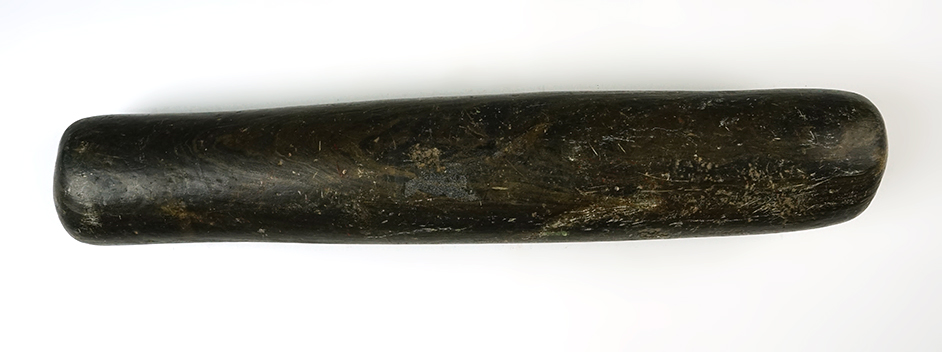 13 3/4" Roller Pestle - patinated Slate. Found by Zina Duddleson in 1912, Putnam Co., Ohio.