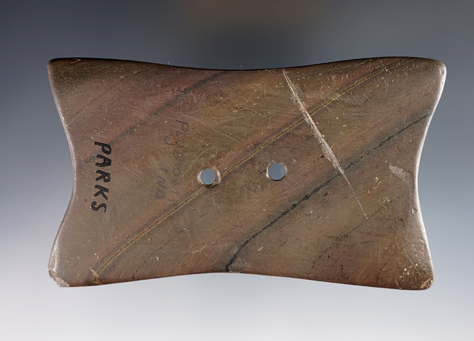 4 1/2" x 2 9/16" Quadriconcave Gorget -  Slate. Indiana. Ex. Parks (#526), Ramp # O-192.