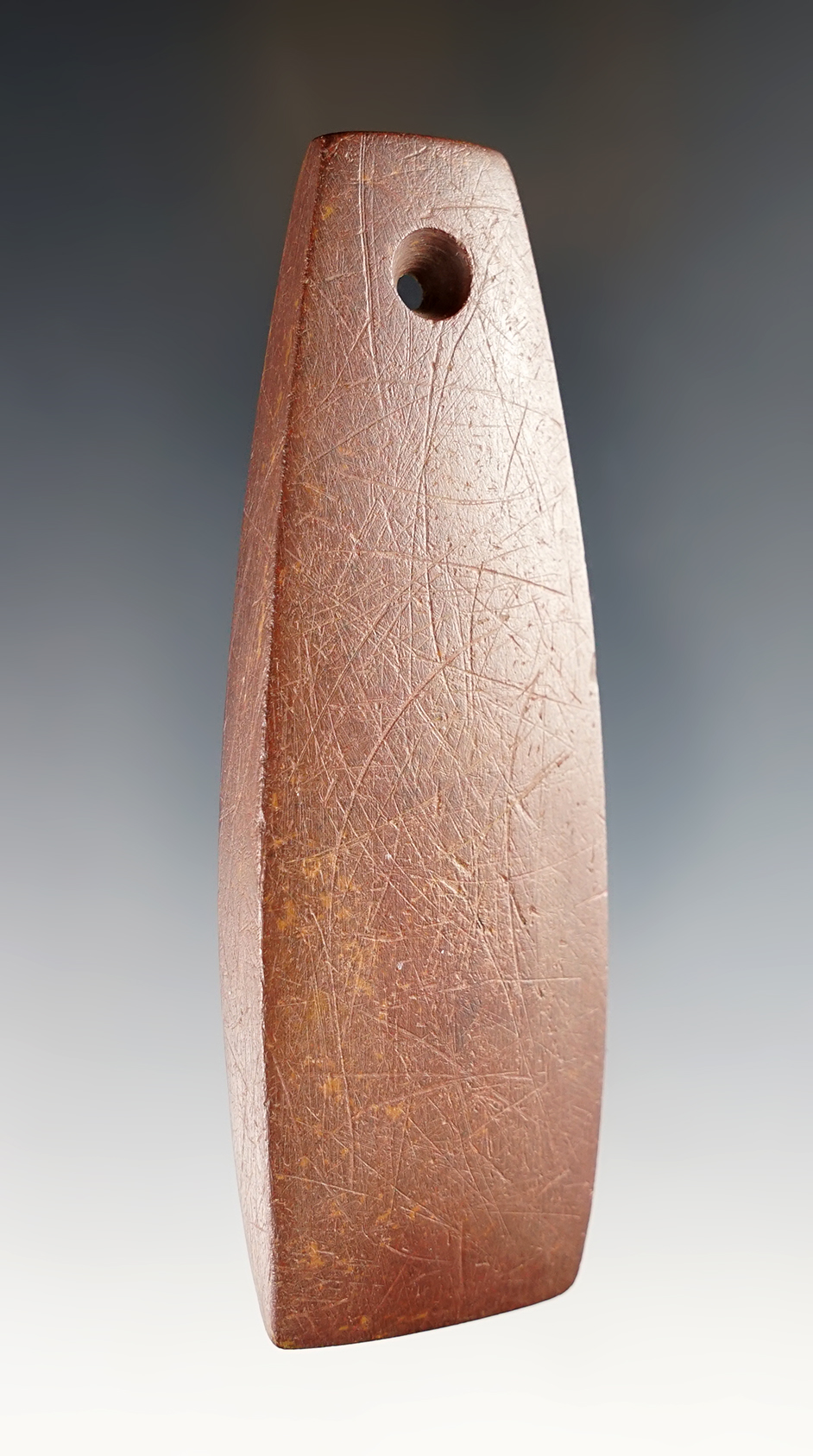 4 1/8" Trapezoidal Pendant - red Slate. Heavy engravings on both faces. Ohio/Indiana area.