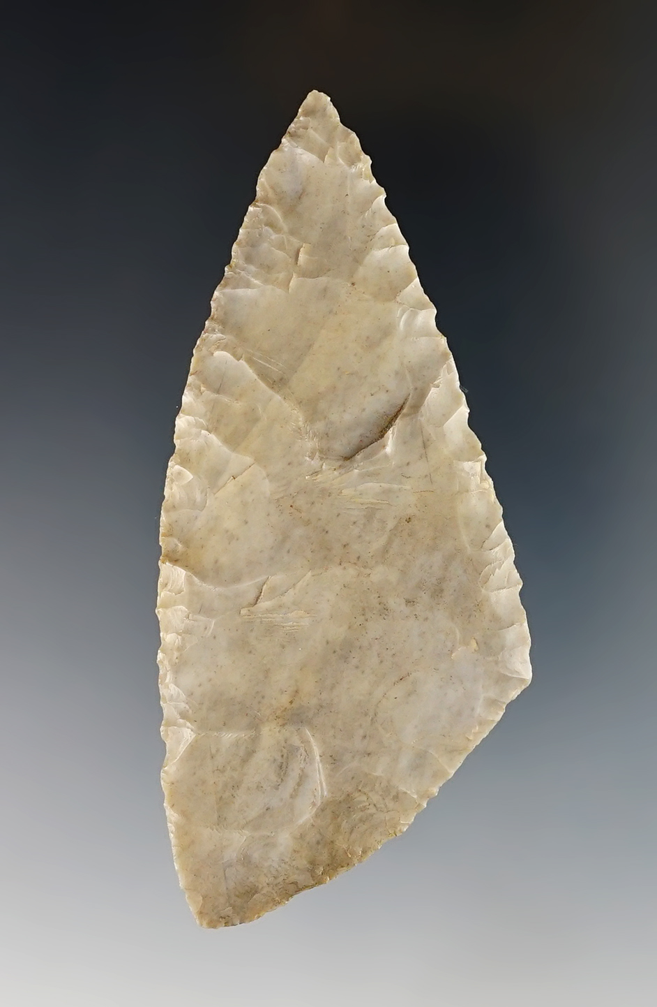 Uniquely styled 2 1/2" Crescent Knife made from grey Coshocton Flint Ridge. Ohio.