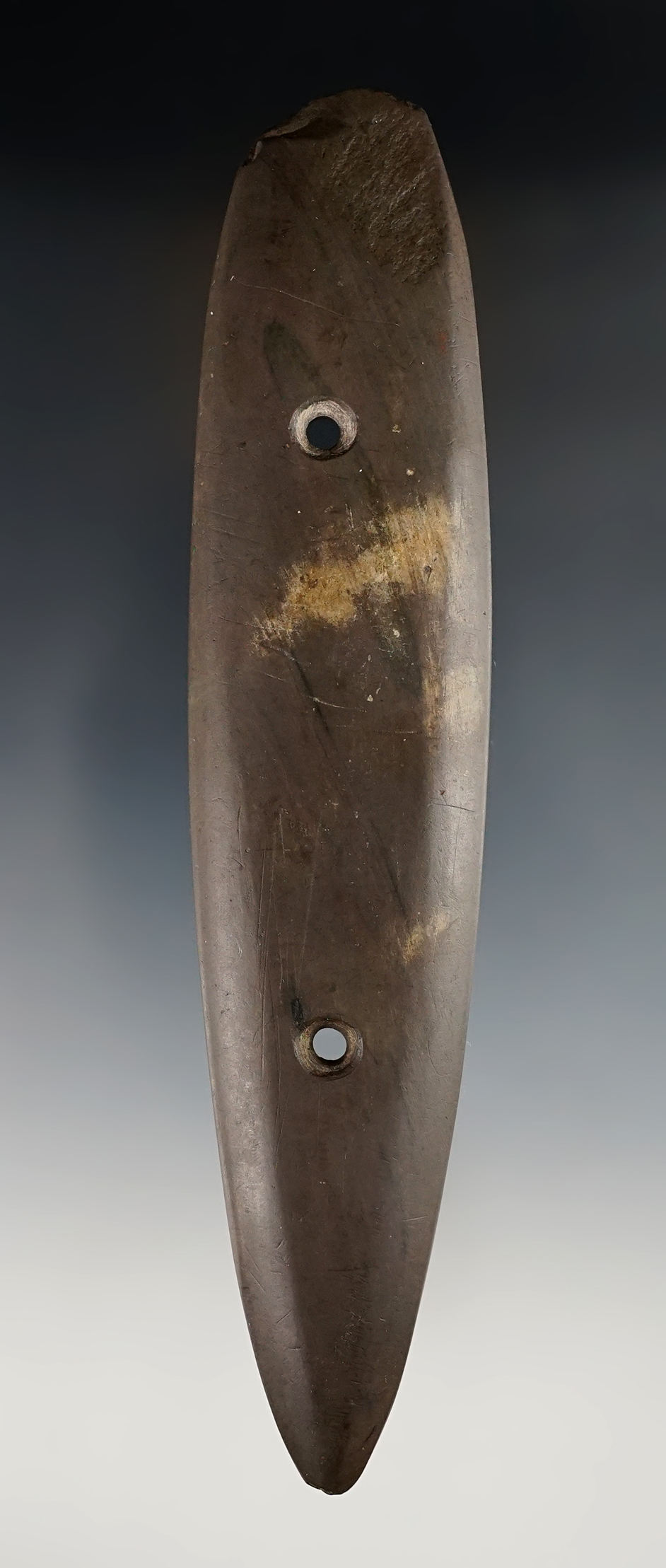 Large 6 3/4" Brown Slate Gorget found in Summit Co., Ohio. Ex. C.C Thomas, Mike Thursby. 