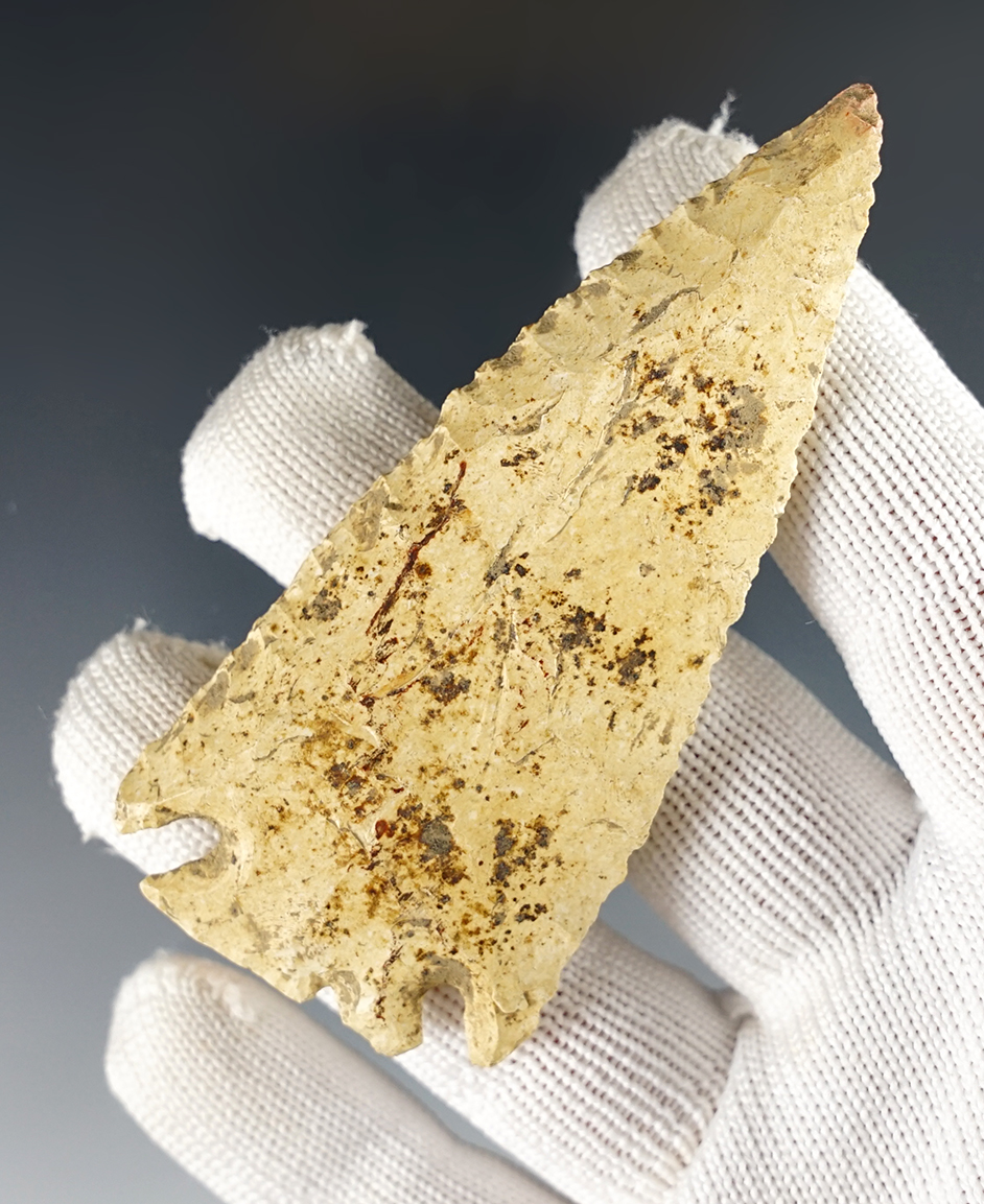 Heavily patinated 3 3/16" Kirk - tan chert. Found in Sullivan Co., Indiana. Ex. Mitch Lewis. 