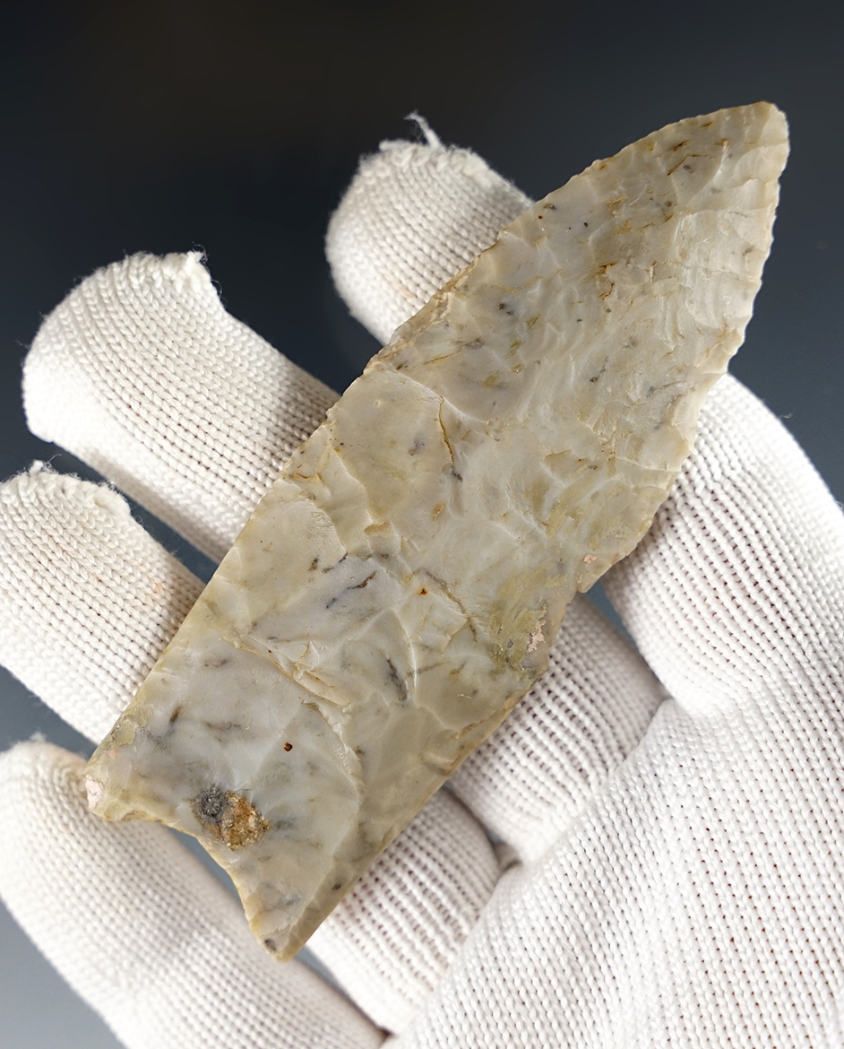3 5/16" Paleo Fluted Clovis - Flint Ridge Flint. Switzerland Co., Indiana. Ex. Mitch Lewis.