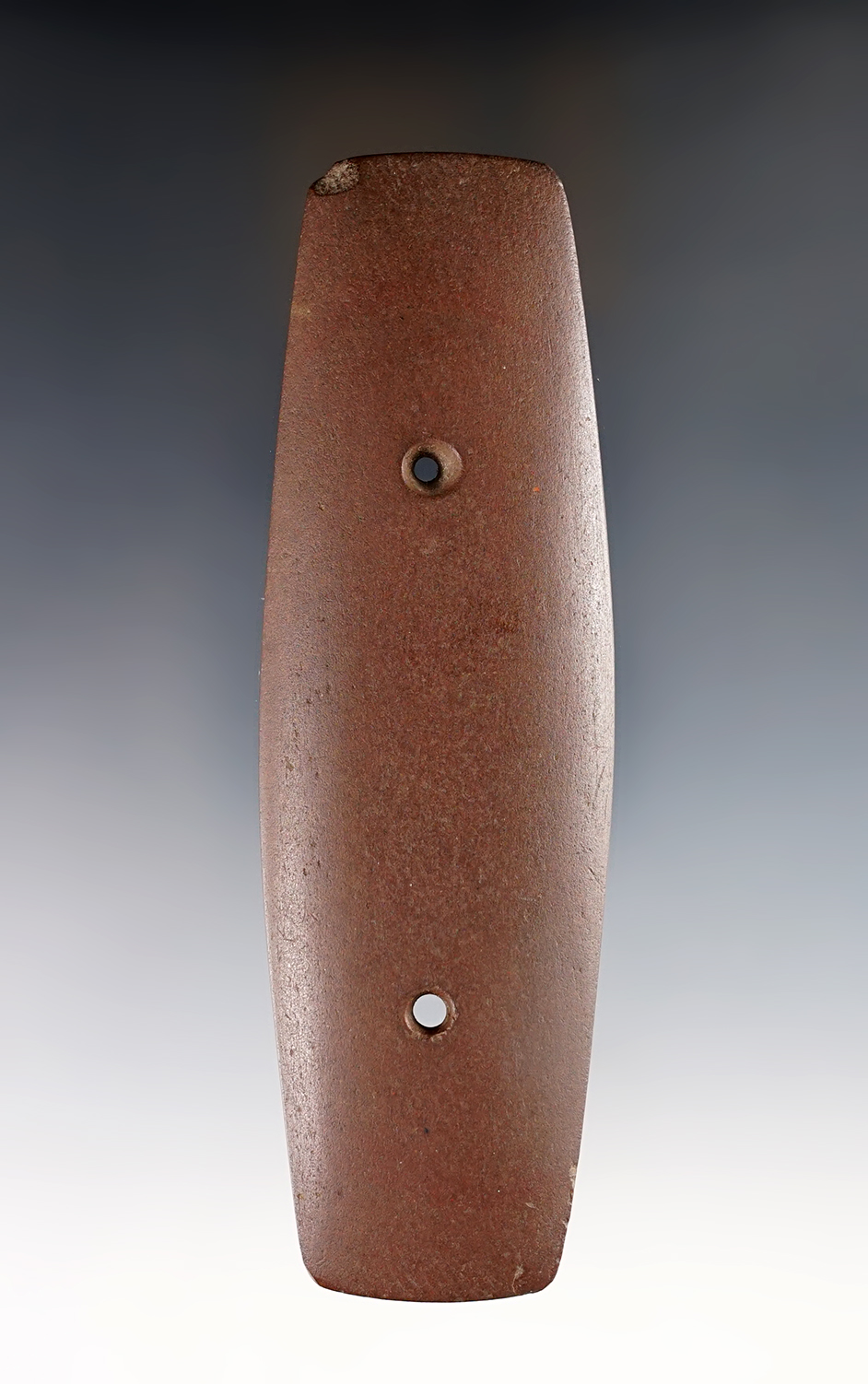 Well made 5 3/16" Rectangular Gorget made from red Slate. Found in the Ohio/Indiana area.