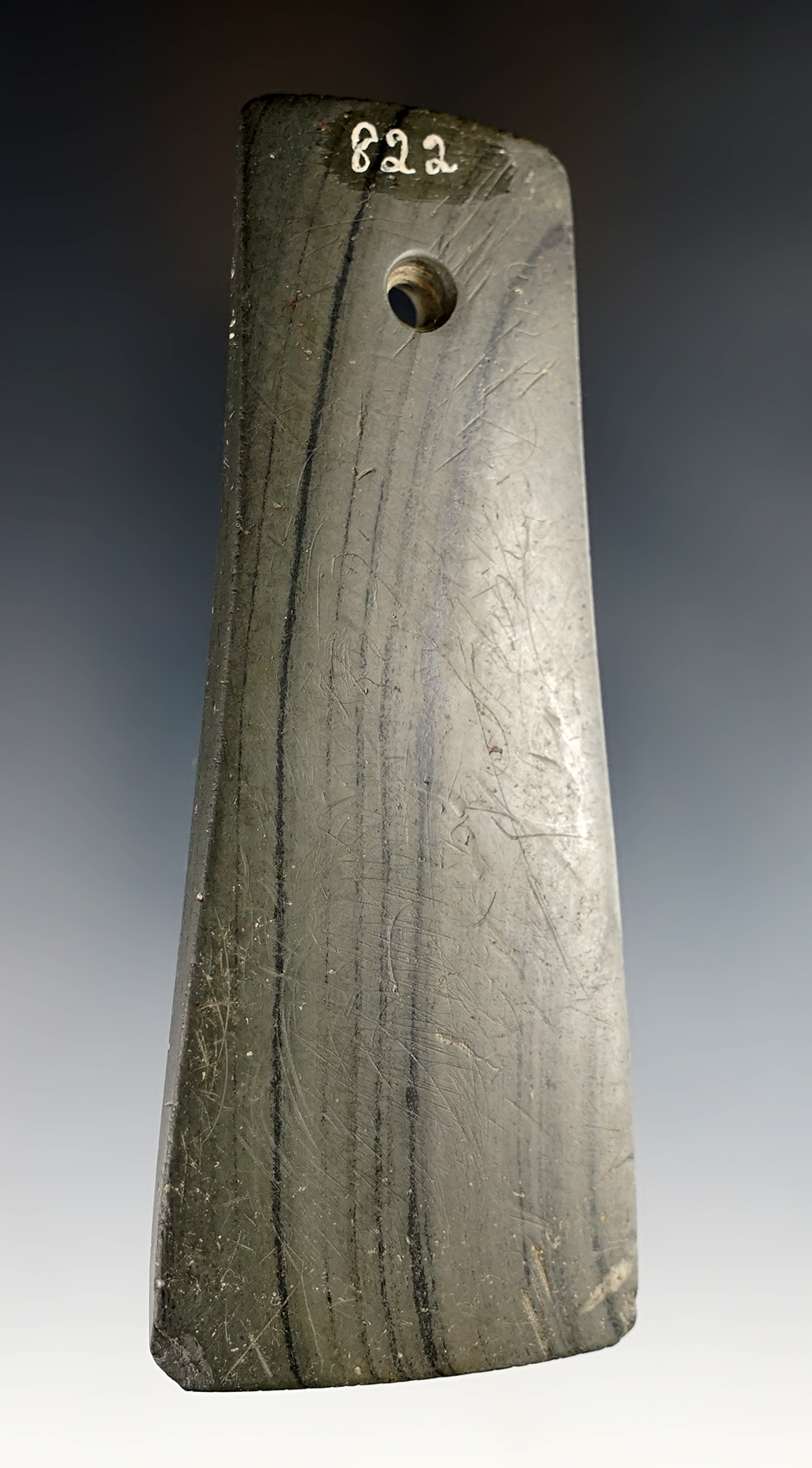 4 9/16" thin and well made Bell Pendant made from Banded Slate. Ohio area. Ex. Jim Miller.