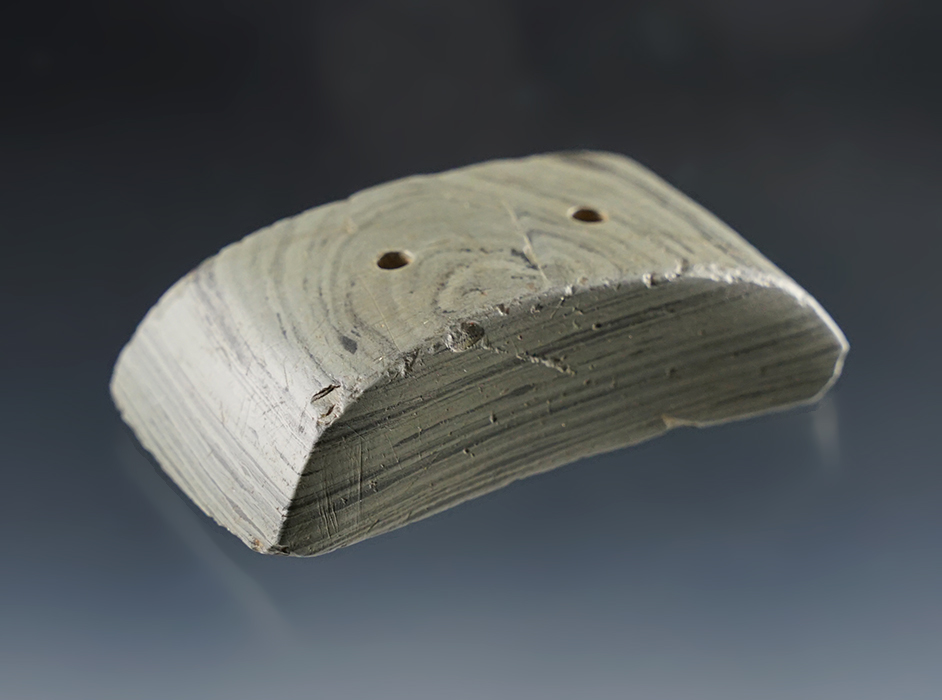 Well made 2 13/16" Semi-Keeled Gorget found in the Ohio/Indiana area. Banded Slate.