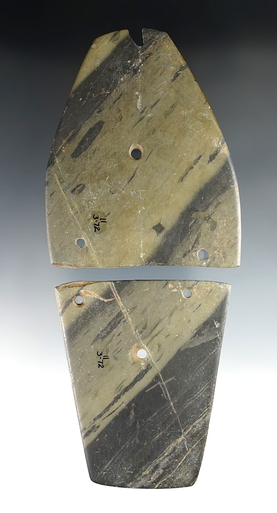 Sandal Sole Gorget found in two pieces with salvage hole drilling on both - Ohio. Pictured !